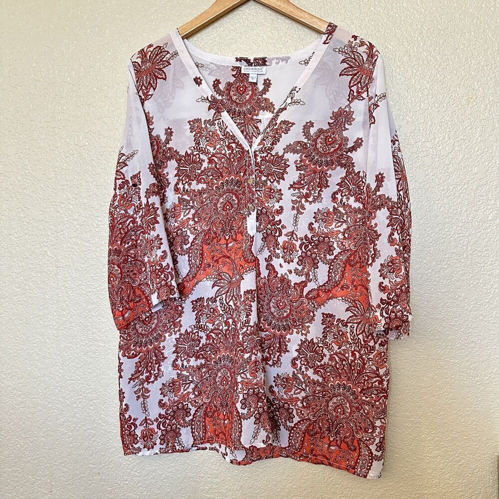 A Pea In The Pod Maternity Tunic Topic Large White Dark‎ Red Paisley Print